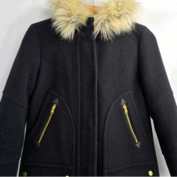 J Crew Chateau Black Wool Stadium Cloth Parka Fur Hood Coat‎ - Picture 4 of 16